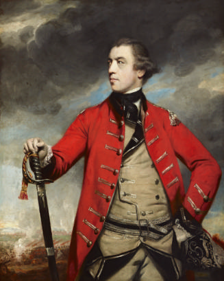 Oil painting of standing man wearing red military coat 