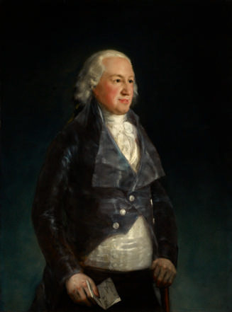 Oil painting of a man in a blue coat with white hair, standing and staring off to the right.