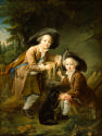 two young boys dressed as Savoyards with a dog in a landscape