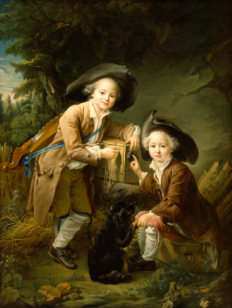 two young boys dressed as Savoyards with a dog in a landscape