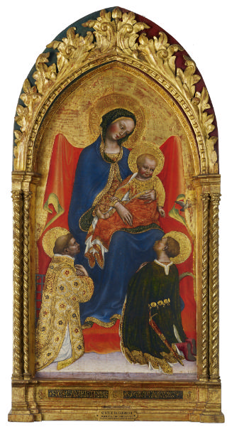 tempera painting of the Madonna and Child with Saints Lawrence and Julian against a gold backgr…