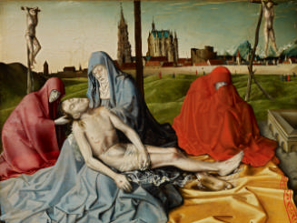 tempera and oil painting of the body of Christ resting on the lap of the Virgin Mary and surrou…