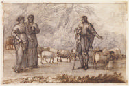 Pen, ink and gray wash drawing of two sisters in biblical dress approaching a shepherd at a wel…