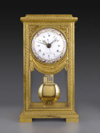 Front view of Regulator Clock Showing Mean and Solar Time through an enamel polychrome dial set…