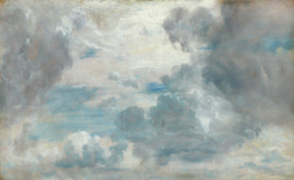 Oil study of dark grey cumulus clouds with lighter stratus clouds behind them viewed from below…