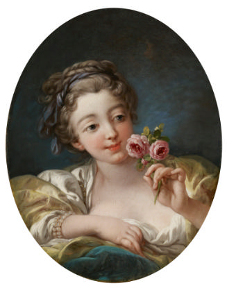 oil painting of a woman in a yellow dress holding two pink roses