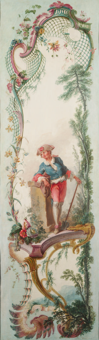 oil painting of a young man holding a spade in a landscape