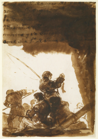 Brush and brown wash drawing of three men fishing with other figures in the background. Across …