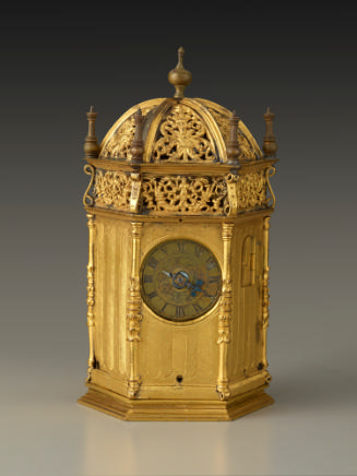 Front view of French Renaissance Gilt Brass Table Clock with a Later Movement