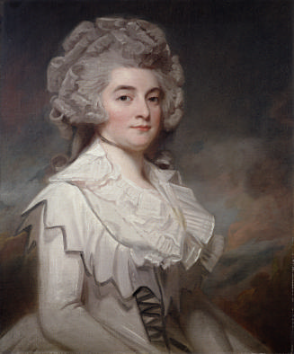 Oil painting of sitting woman wearing a gray and white dress 