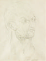 Graphite drawing of the head of a bearded man with long hair and furrowed brows in three-quarte…