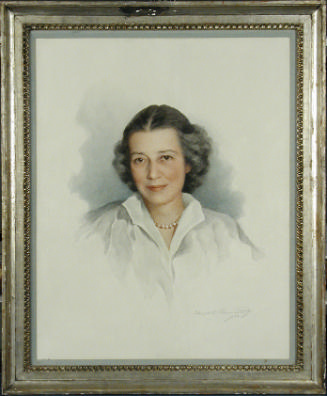 Watercolor portrait of woman in white shirt, in a silver frame