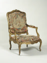 One Armchair, view of tapestry: Part of a Set of Two Canapés, Eight Armchairs and a Fire Screen…