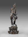 A bronze sculpture of Mars.  His head is turned to his right, his right hand reaches to his lef…