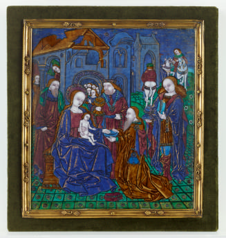 Front image of polychrome enameled plaque depicting The Adoration of the Magi