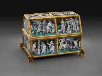 Front view of polychrome enameled casket in a structure of gilt bronze with Old Testament Subje…