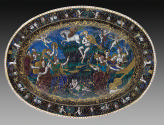 View of polychrome enameled oval dish seen from above depicting Apollo and the Muses as well as…