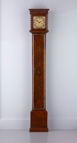 Front view of rectangular Longcase Clock consisting of a marqueted olive wood case and a gilt-b…