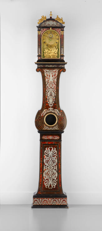 Front view of longcase clock with marquetry of pewter and tortoiseshell and dial made of gilt b…