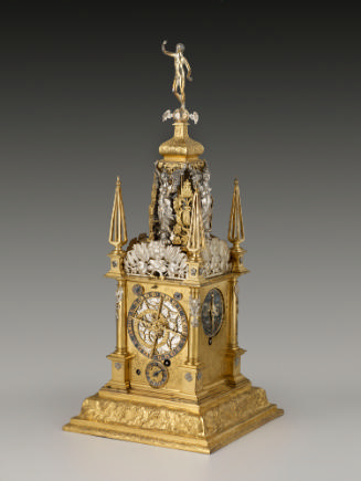 Three-quarter frontal view of Table Clock with Astronomical and Calendrical Dials, lavishly dec…