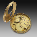 View from above of Double-Dial Desk Watch opened to reveal the gilt bronze mechanism inside