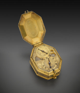 View from above of Calendrical and Astronomical Pendant Watch in gilt bronze, opened to reveal …