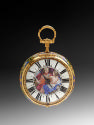 Front view of Pendant Watch with enameled polycrhome dial decorated in the center with an image…