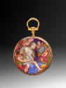 Image of reverse side of pendant showing a ploychrome enamel scene depicting a draped woman loo…