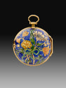 Reverse view of pocket watch with an enameled bouquet of flowers with a green ribbon
