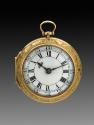 Front view of watch with enamel dial in a gilt bronze case