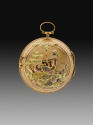 Image of reverse side of pendant watch in gilt of various colors depicting two birds in a lands…