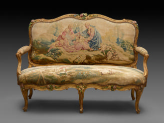 French Louis XV three seat sofa with a structure of carved, gilt and polychrome painted wood up…