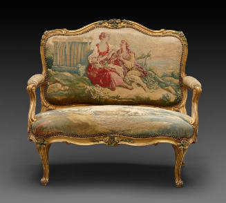 Small two seat Louis XV sofa with a structure of carved, gilt and polychrome painted wood uphol…