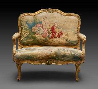 Small Louis XV sofa with a structure of carved, gilt and polychrome painted wood upholstered wi…