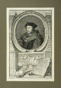 Black and white print in a green-gray mat of an oval portrait of Sir Thomas More on a stone bas…