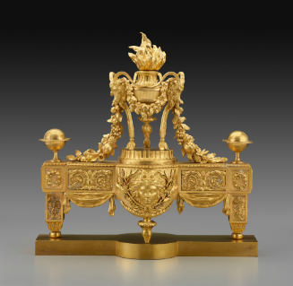 Gilt bronze Andiron with Flaming Tripod Cassolettes (One of a Pair)