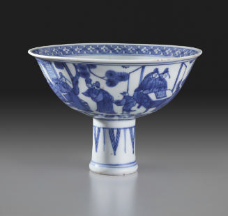 Blue and white porcelain stemed bowl with figural decoration.