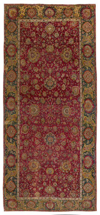 Dark red rectangular Persian rug with floral design