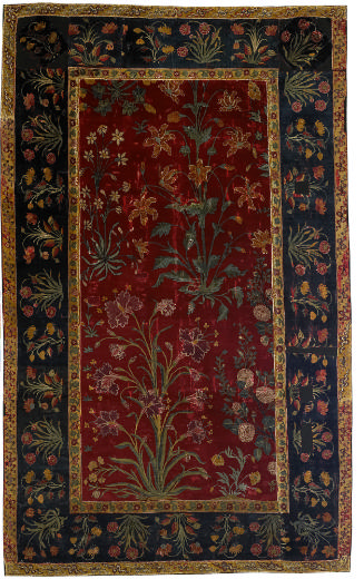 Dark red and dark blue rectangular Indian rug with floral design