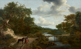 Oil painting of a landscape with a figure and horse standing by a river