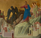 tempera painting of Christ, followed by two angels, extending his right arm towards Satan and s…