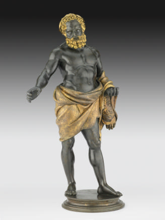 Bronze sculpture of Hercules.  He stands upright, his right arm is stretched out to his side, a…