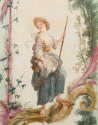 close-up of an oil painting of a shepherdess in a landscape