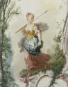 close-up of an oil painting of a girl with a spear in a landscape