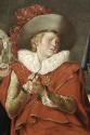 Close up of the figure in the oil painting wearing red