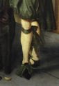 Close up of the legs of the man on the right in the oil painting