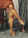 Close up of the legs of the man sitting in the center of the oil painting