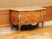 Louis XV wood commode with floral marquetry and marble top, side view