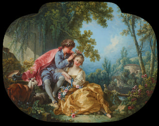 oil painting of a woman in a yellow dress seated next to a man in a blue outfit and red cape in…