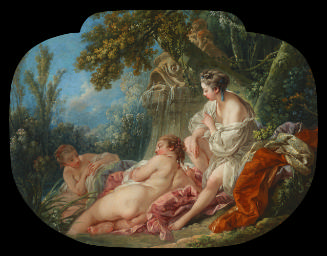 oil painting of three nude women wrapped in drapery lounging near a fountain